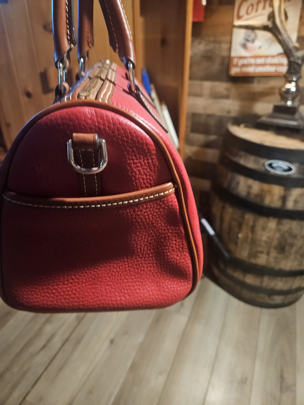 Dooney & Bourke Red Pebbled Grain Trudy  Leather Satchel with Brown Trim - Picture 4 of 6
